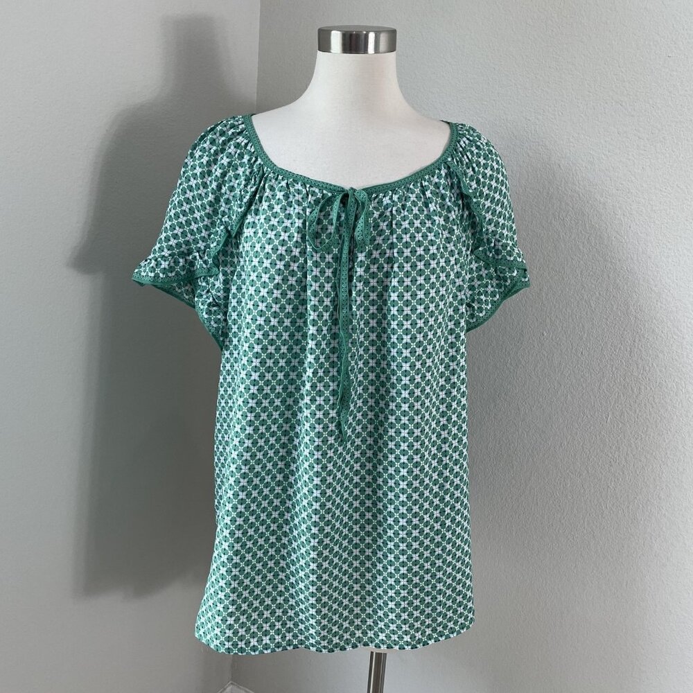 Max Studio Shirt Womens Plus 2X Green White Floral Ruffle Sleeve Boho‎ Top